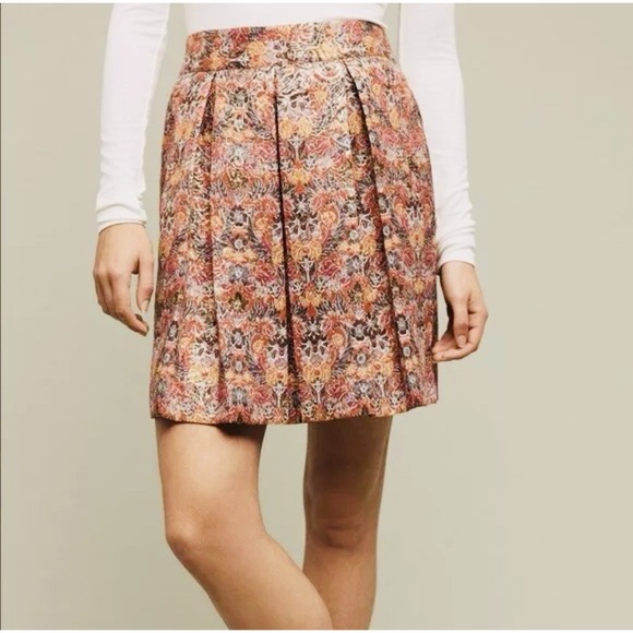 Anthropologie Maeve Rosie Floral Metallic Pleated Brocade Lined Skirt Size M - Picture 1 of 11